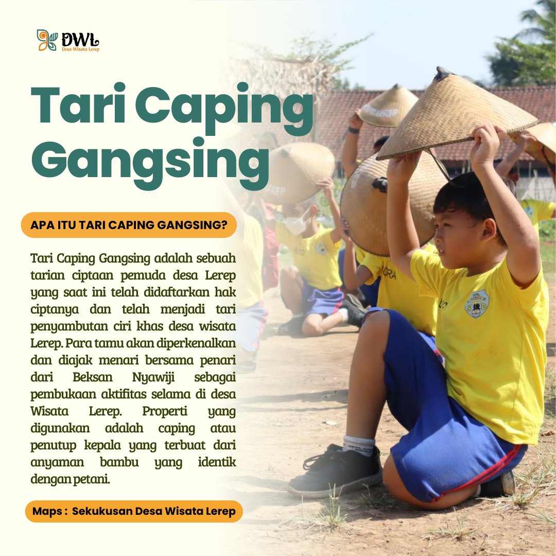 DesaLerep's tweet photo. Tari Caping Gangsing adalah sebuah tarian ciptaan Mas Dayat pemuda Desa Lerep yang didaftarkan hak ciptanya dan menjadi tarian khas penyambutan tamu di Desa Wisata Lerep.
Yukk datang ke Desa Wisata Lerep dan rasakan suasananya. 🌱 https://t.co/zSOeaPA3UV
