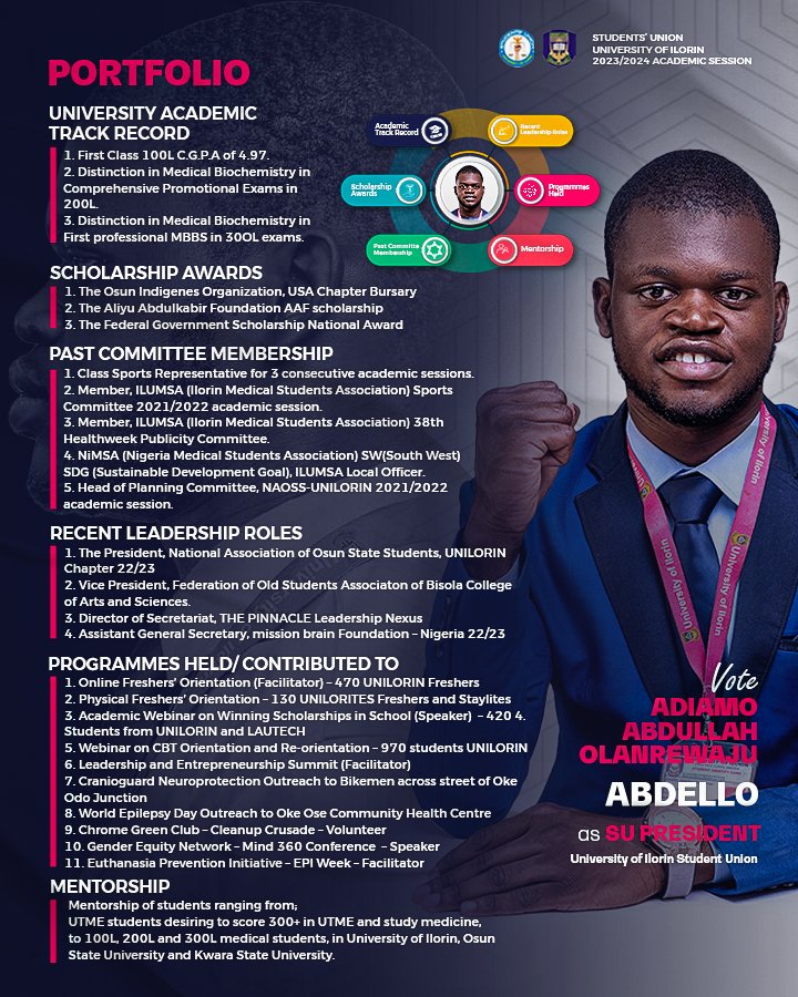 adiamoabdullah_'s tweet photo. UNILORITES‼️‼️‼️

He is the right man as our President.
Abdello is People-Oriented.

VOTE ABDELLO FOR SU PRESIDENT!
VOTE FOR COMPETENCE AND CAPACITY.
#ABDELLO
#PressNight24
#Unilorindecides24
#UCJUNILORINPressNight24 https://t.co/DJsojId1Us