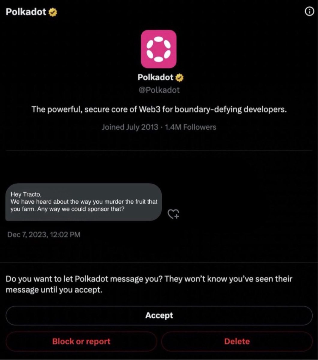 Tractodoteth's tweet photo. Just hearing about this Polkadot multi million dollar “influencer” budget? 

Me too….. Should have checked the DMs 🙃 https://t.co/0oAIWx0FMw