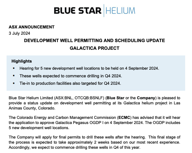 In good news for <a href="/HeliumBlue/">Blue Star Helium Limited</a> (#ASX: $BNL; #OTCQB: $BSNLF) the Colorado Energy and Carbon Management Commission will hear our application to approve 5 new development well locations at Galactica Pegasus on 4 Sep 24👉shorturl.at/S2vzR
#bluestarhelium #GalacticaPegasus #helium