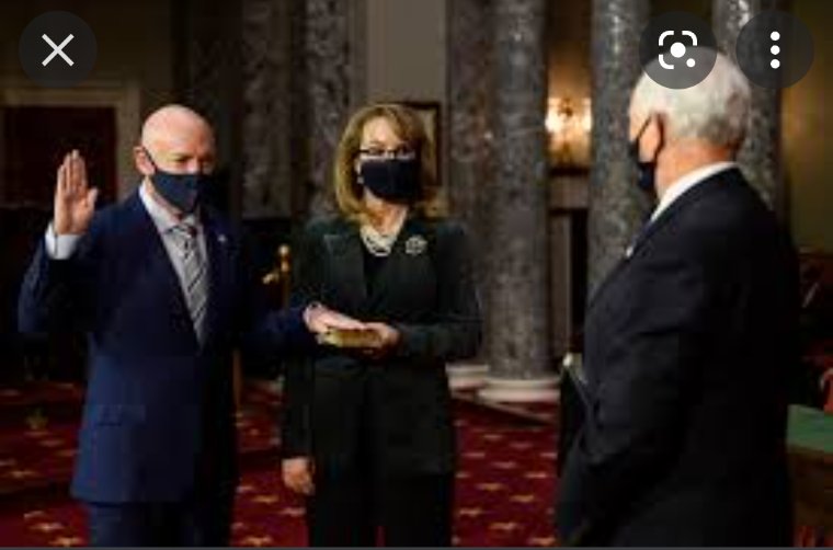 truthpistol's tweet photo. Don't know if he's an astronaut, but I DO know he's NOT married to "Gabby Giffords". She's married to John Ramsey ("JonBenet's") PHONY daddy.

Pence swore in Mark Kelly; Sinema held the Bible. I wrote "Gabby" didn't do it bc she's not his wife. They had a 2nd swearing in photo-op https://t.co/1J1EDbrWjj