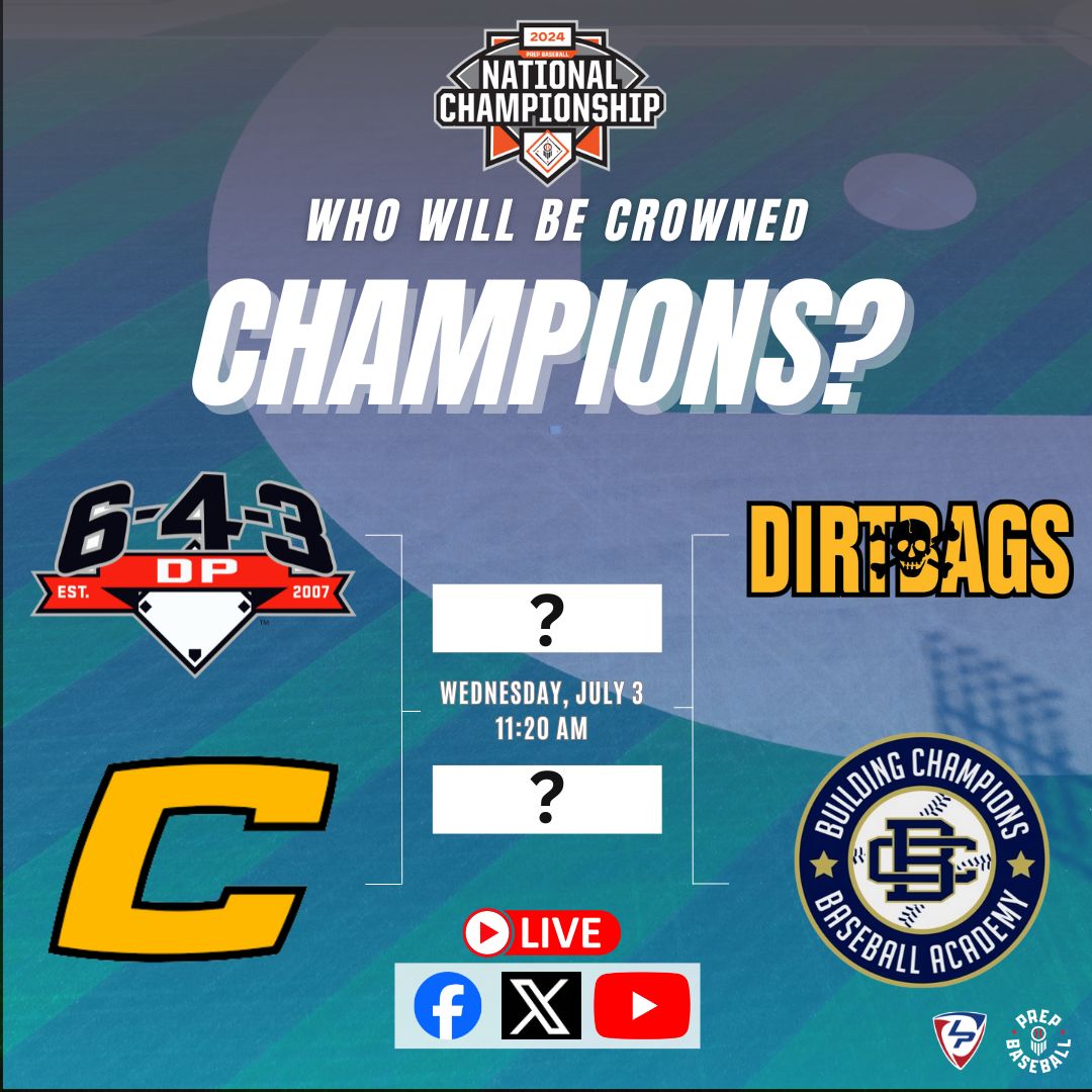 .<a href="/643DPAthletics/">6-4-3 DP Baseball</a>, <a href="/CanesMidwest/">Canes Midwest</a>, <a href="/_thedirtbags/">Dirtbags Baseball</a> or <a href="/BCbaseballtoday/">Building Champions</a>?

Who will be crowned national champs? Watch the #15uNat24 final to find out.

🎙️ <a href="/coryjmccartney/">Cory McCartney</a>, <a href="/Avery_Hunt20/">Avery Hunt</a>, <a href="/IanSmittyGA/">Ian Smith</a> &amp; <a href="/GraysonRosen/">Grayson Rosen</a>

📺 Free on Facebook, X and YouTube

<a href="/prepbaseball/">Prep Baseball</a> | <a href="/PBRTournaments/">Prep Baseball Tournaments</a>
