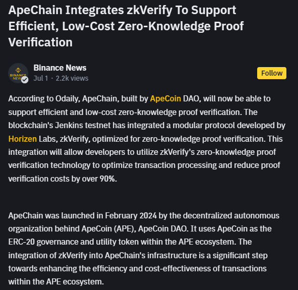 AstarZens's tweet photo. ApeChain Integrates Horizen Labs's ZkVerify, Used to Cut verification costs by 90%

Zkverify is modular chain -> Must go through Horizen EON -> Abitrum L3 APE Chain

@horizenglobal
@ZKVProtocol
@arbitrum
@apecoin

#Horizen $ZEN #EON

News Link👇
https://t.co/fkLtsrKWSo https://t.co/kBG5qbARRx