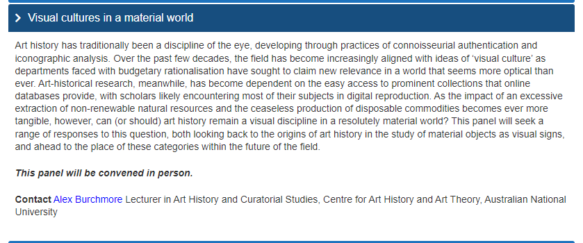 DrAlexBurchmore's tweet photo. CALL FOR PAPERS now open for the @ArtAustraliaNZ conference @ANUartdesign @ourANU, Dec 4-6!

I'll be chairing a panel on tensions between the visual and material in art-historical research - please do get in touch by 31 July if that sparks your interest!

https://t.co/6A98pxsnoE https://t.co/3qpElFqgne