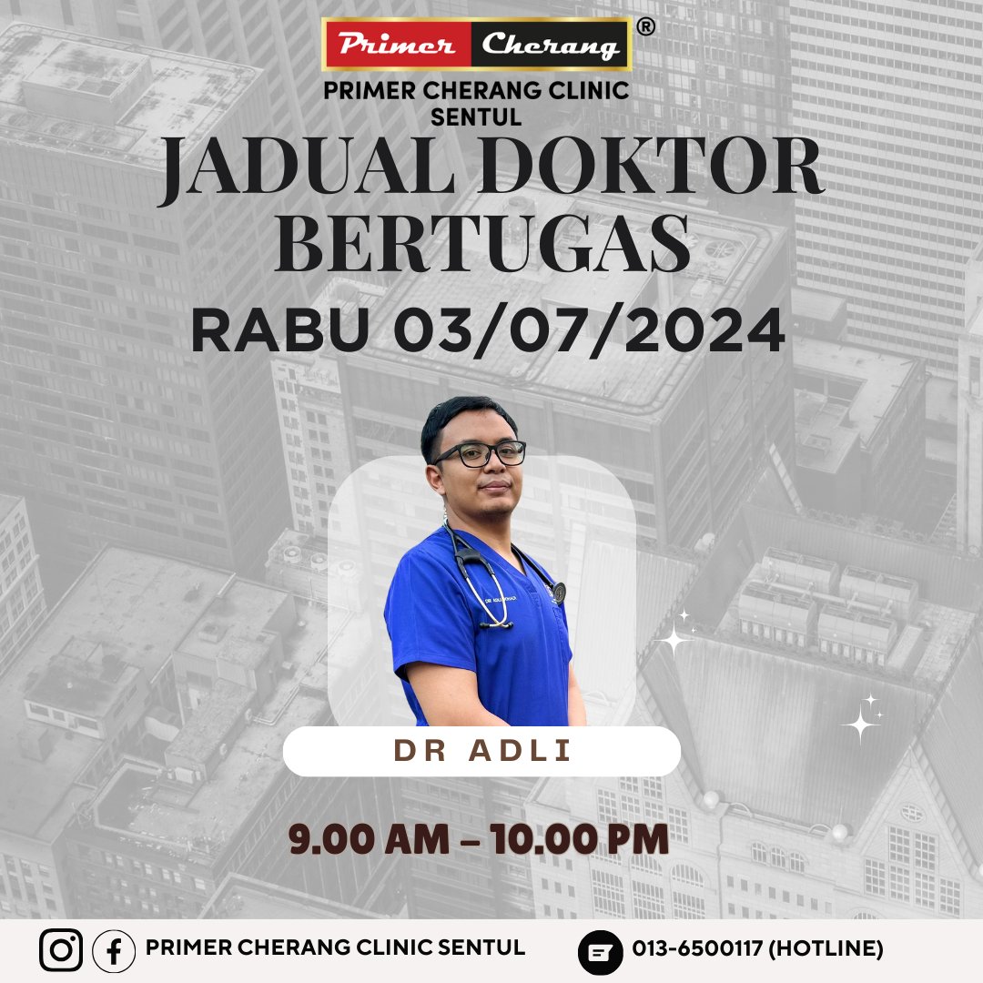 pccsentul's tweet photo. Assalamualaikum dan salam sejahtera 🥰

𝑱𝘼𝑫𝙐𝑨𝙇 𝘿𝑶𝙆𝑻𝙊𝑹 𝑩𝙀𝑹𝙏𝑼𝙂𝑨𝙎 𝙐𝑵𝙏𝑼𝙆 𝙃𝑨𝙍𝑰 𝑰𝙉𝑰
Semoga semuanya berada dalam keadaan yang sihat-sihat sahaja.
Sekiranya tidak sihat dan ingin lakukan pemeriksaan kesihatan, boleh ke klinik kami untuk dapatkan rawatan. https://t.co/lBNWbiRi7N