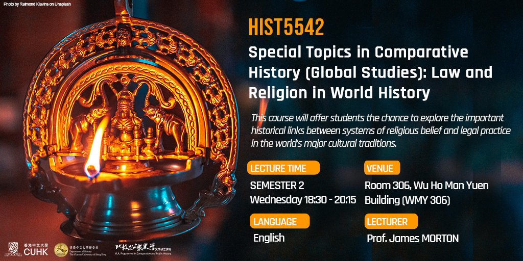 cuhkmacph's tweet photo. #2425Term2 #MACPH Course
【HIST5542 Special Topics in Comparative History (Global Studies): #Law and #Religion in World History】explores the historical link between systems of #religiousbelief and #legalpractice in the world's major #cultural #traditions.
#CUHK #History https://t.co/RS4y2LfwCT