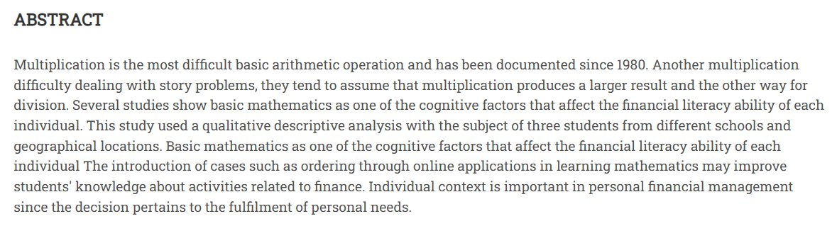 jramathedu's tweet photo. Sagita, Laela, et al. “#BasicArithmetic on #FinancialLiteracy Skills: A New Learning Outcome.” JRAMathEdu (Journal of Research and Advances in Mathematics Education), Aug. 2023. https://t.co/0Q0Dp6Gyo4, https://t.co/3oEImjg3YZ. https://t.co/v5Svz9oKVp