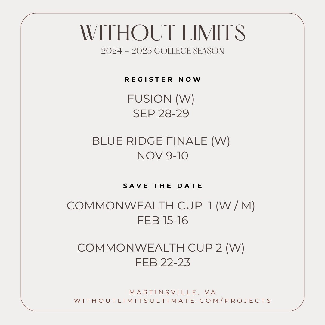 😮 We’ve launched our college fall tournaments! Tournaments are a great way to get your rookies hooked on ultimate!
withoutlimitsultimate.com/projects/fusio…
withoutlimitsultimate.com/projects/bluer…

👀 We’ve also got our dates set for Commonwealth Cup Weekend 1 and Weekend 2. Save the Date!