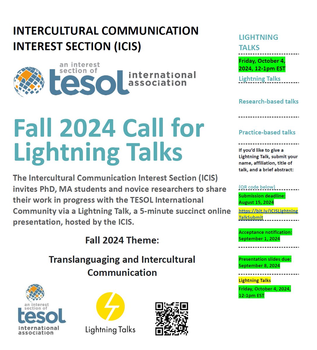 The Intercultural Communication Interest Section of TESOL invites PhD/MA students and novice researchers to share their work with the TESOL International Community via a Lightning Talk, a 5-minute presentation. Submit a proposal by August 15! forms.gle/bMRecPS2t6cMn2… <a href="/andrealypka/">Andrea</a>