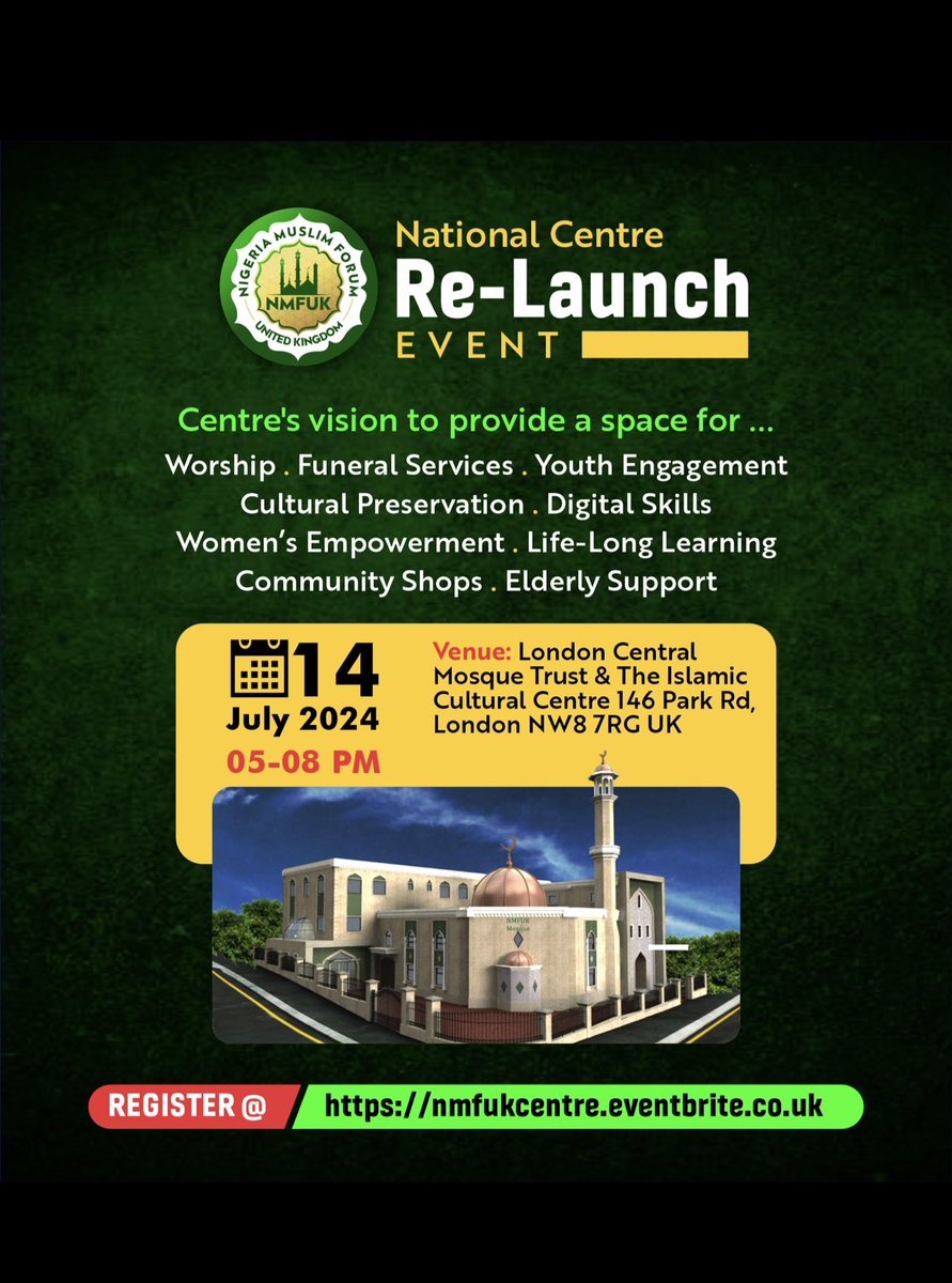 Register and attend to support the National Centre Project Relaunch! Secure your spot here. nmfukcentre.eventbrite.co.uk 
#NationalCentreProject #CommunitySupport 
<a href="/ProfIsaPantami/">Prof. Isa Ali Ibrahim, CON</a>