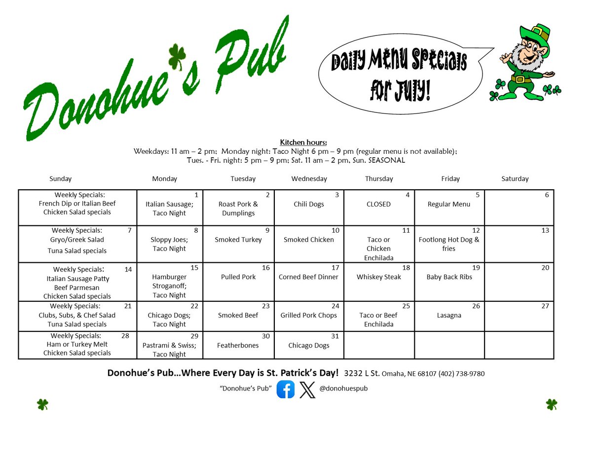 DonohuesPub's tweet photo. Finally, our July menu! #SouthOmaha https://t.co/ncl5khzu6G