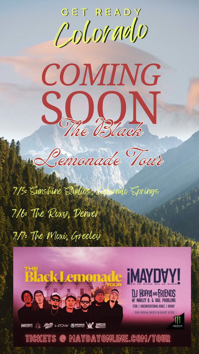 Strangebittch85's tweet photo. Get your tickets Colorado, @MAYDAYMUSIC is coming 👀😎 I know you guys know how to party 💯
#maydaymusic #blacklemonadetour #colorado #sunshinestudios #theroxy #themoxi #liveshows #summervibes https://t.co/Lp96hycVpe