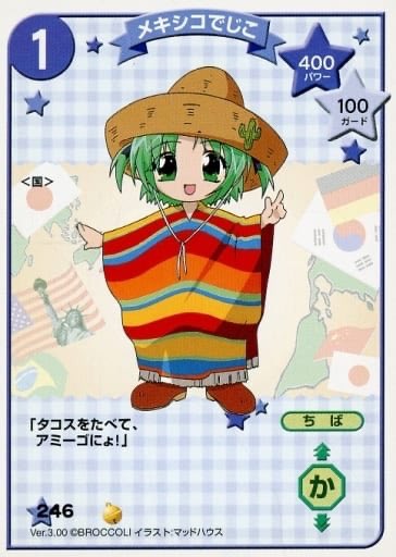 here is a rough translation idk if i got it right

"Mexican Dejiko”
"Eat some tacos amigo! Nyo!"