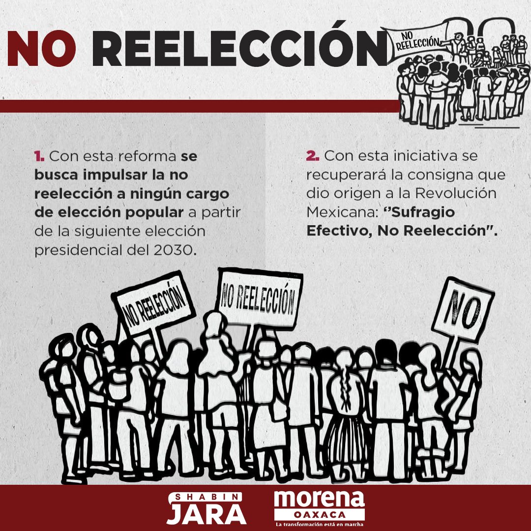 Nuestra Presidenta electa, la Dra. <a href="/Claudiashein/">Claudia Sheinbaum Pardo</a> enviará una iniciativa de reforma constitucional para recuperar la consigna “sufragio efectivo no reelección”: “No debe haber reelección a ningún cargo de elección popular a partir de 2030”.