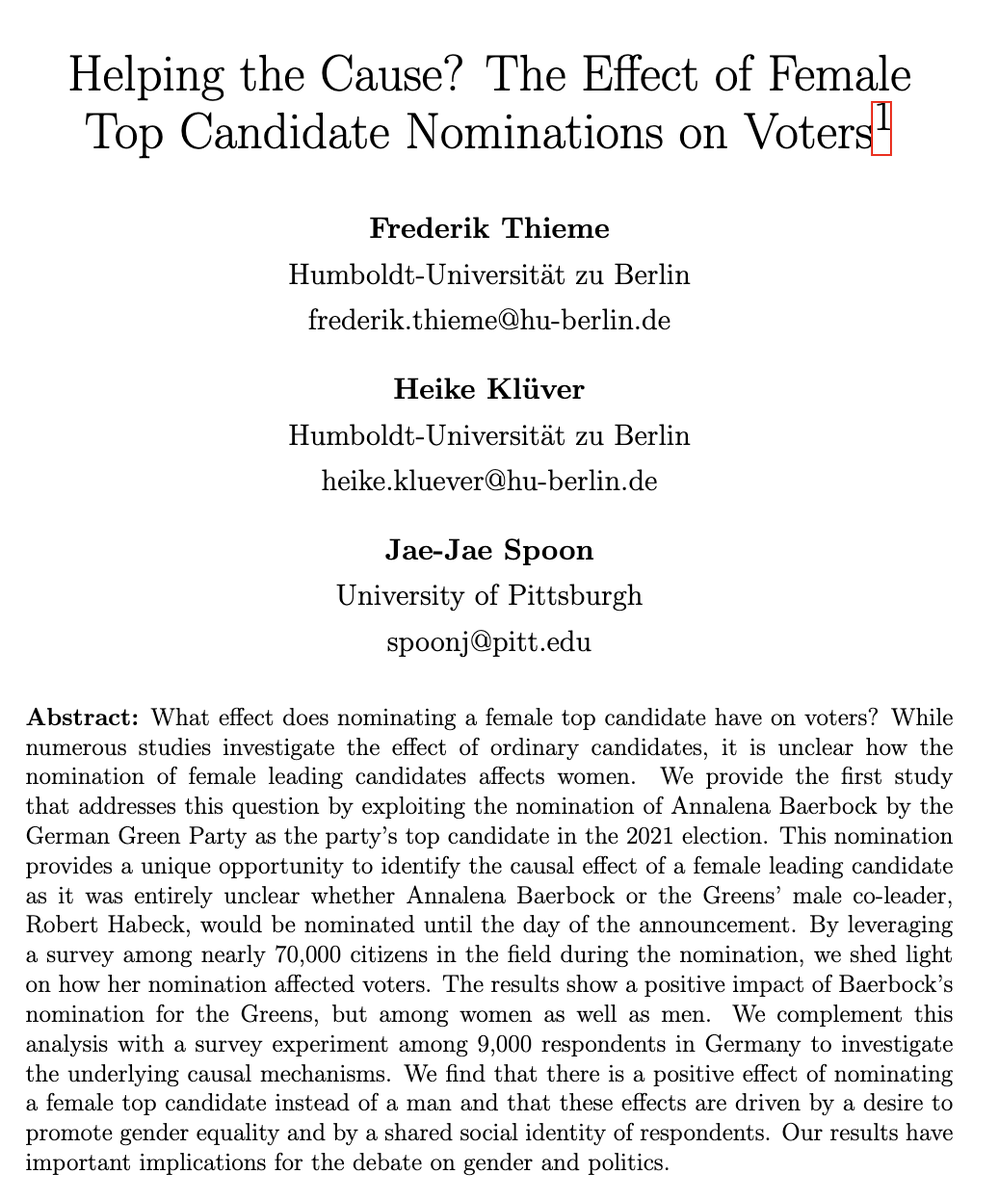 Heike Klüver (@heikekluever) on Twitter photo Can parties mobilize female voters by nominating a female top candidate? In a <a href="/scriptsberlin/">Contestations of the Liberal Script (SCRIPTS)</a> paper that we present at #MINORITYRULE <a href="/UniCologne/">Universität zu Köln</a> and <a href="/europsa/">EPSA</a>, we show that the answer is yes. Women are more likely to vote for parties with a female top candidate Can parties mobilize female voters by nominating a female top candidate? In a <a href="/scriptsberlin/">Contestations of the Liberal Script (SCRIPTS)</a> paper that we present at #MINORITYRULE <a href="/UniCologne/">Universität zu Köln</a> and <a href="/europsa/">EPSA</a>, we show that the answer is yes. Women are more likely to vote for parties with a female top candidate
