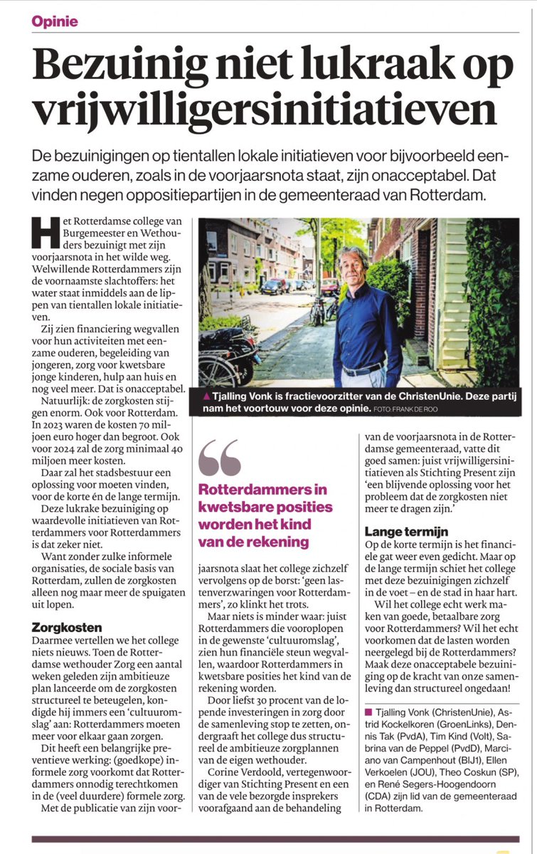 De bezuinigingen op tientallen lokalen initiatieven zijn onacceptabel! Dat is de  gezamenlijke boodschap van de ChristenUnie en 8 andere partijen vandaag in het AD. Organisaties zoals Stichting Present zijn enorm waardevol voor de stad en bezuinigen daarop zou een grote fout zijn