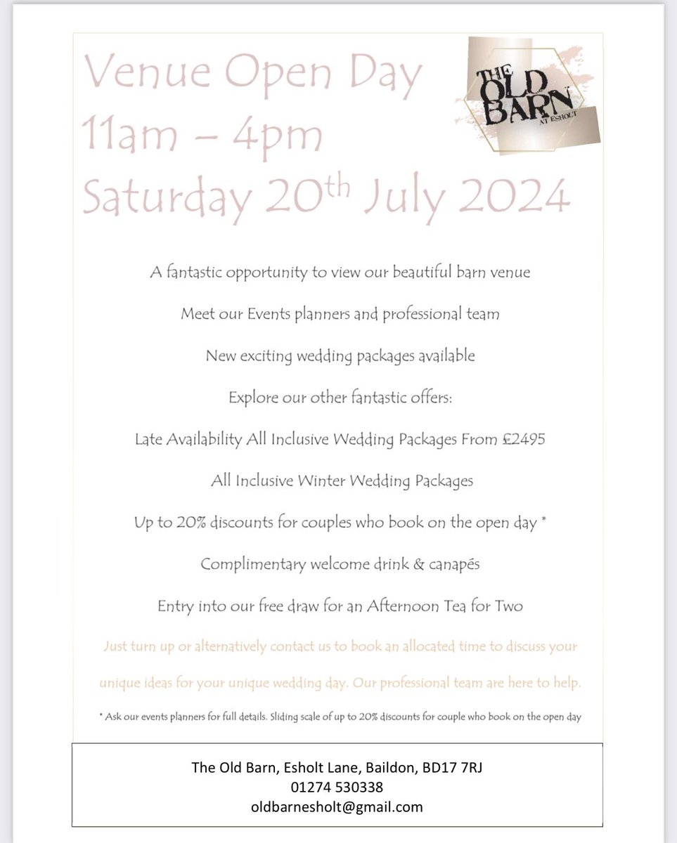 Join us at The Old Barn at Esholt for one of our Open Days!  Saturday 20th July between 11am &amp; 4pm 🥂💕 #barnweddingvenue #barnweddings #barnwedding #yorkshirebarnwedding #weddingopenday #venueopenday