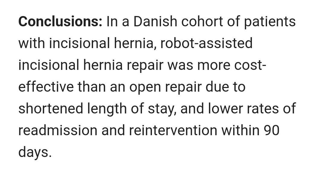 bit.ly/4clf6JB Cost analysis of open versus robot-assisted #VHR – a retrospective cohort study

#HerniaSurgery #RoboticSurgery #OpenAccess