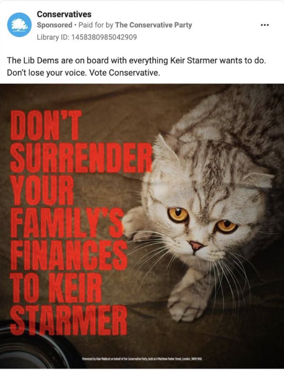 How desperate are the Conservatives? Their latest ad is claiming cats will go hungry under a Labour government. Pet food banks have become a necessity under the Tories; they have no shame.
bbc.co.uk/news/uk-scotla…