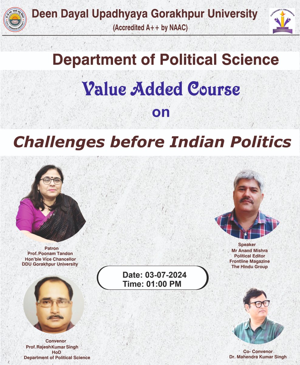 PolSc_official's tweet photo. #Day_6th
#Challenges_before_Indian_Politics
Chief Guest
Mr. Anand Mishra
Political Editor 
Front line Magazine
The Hindu Group 
Date- 03.07.2024,  Time-  01 : 00PM https://t.co/U9T6dd12qd