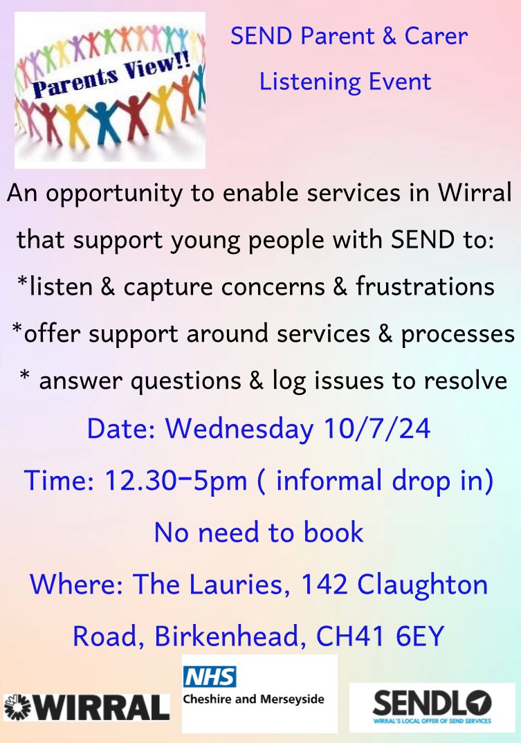 Sharing word of an event for Parents/Carers of SEND young people. The purpose is to enable SEND practitioners &amp; managers to listen, share plans &amp; use parent views to shape the next phase of improvement work. <a href="/wirralmums/">Wirral Mums</a> @TPositivitree @_FamilyToolbox_ <a href="/Crea8Comm/">Crea8ing Community</a> <a href="/WirralCouncil/">Wirral Council</a>