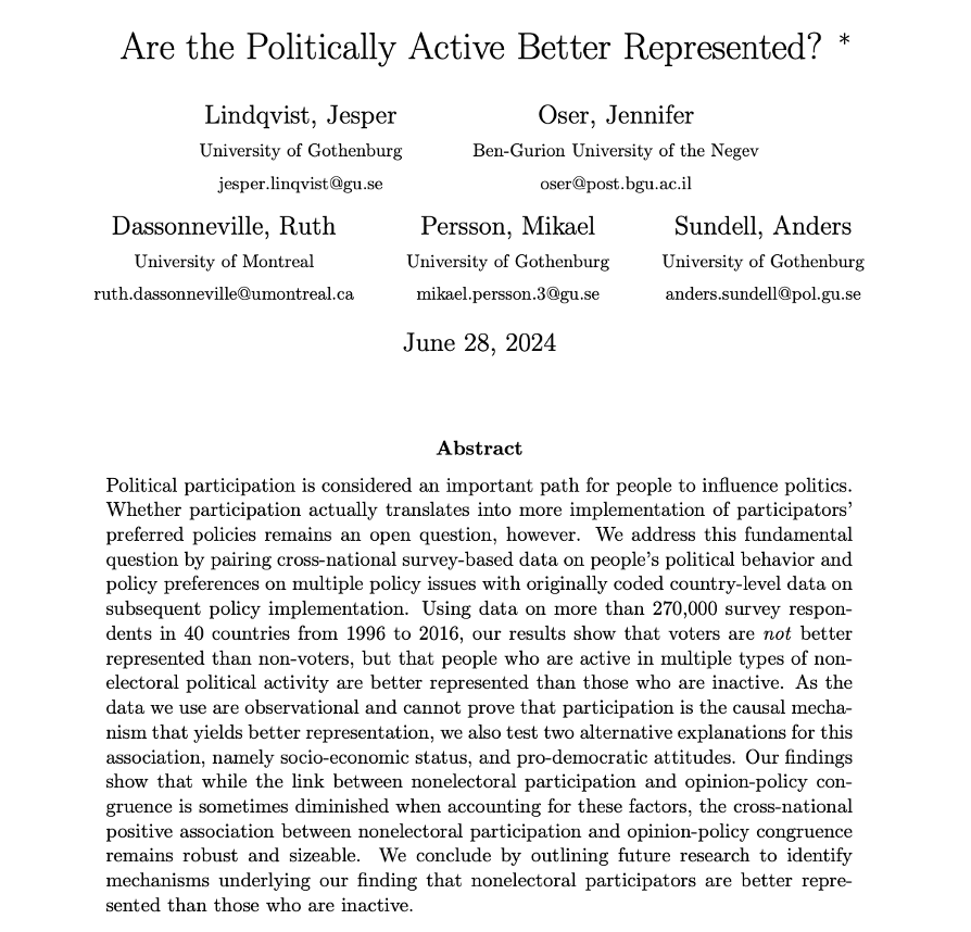 r_dassonneville's tweet photo. On my way to #EPSA2024 and looking forward to feedback on four different projects!

On Thursday at 11:00, @JesLindqvist &amp; @jennifer_oser will present joint work on participation and opinion-congruence. https://t.co/4zMJctkNWb