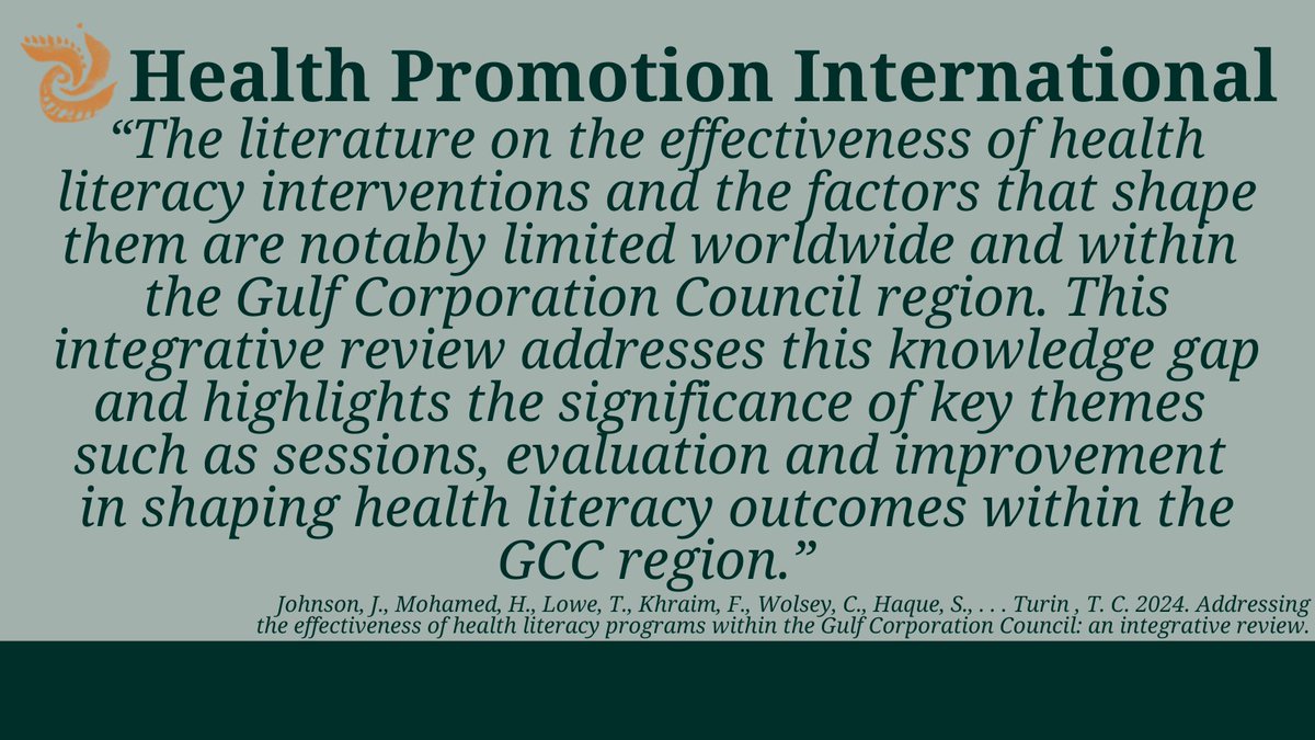 🔔 NEW at Health Promotion International

"Understanding the multiple factors impacting health literacy is essential for developing and designing effective health literacy and health promotion interventions"

Read: doi.org/10.1093/heapro…