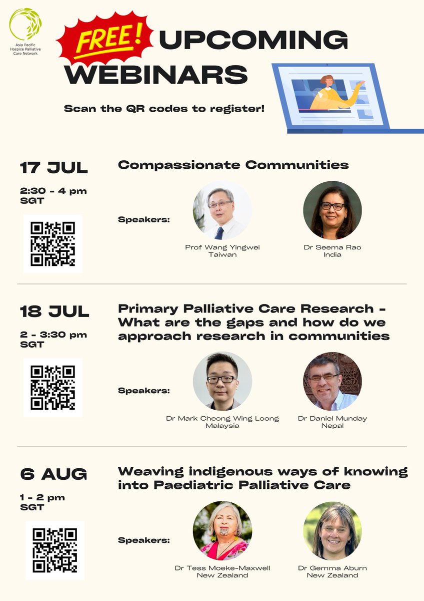 🎉 Join us for 3 upcoming webinars on palliative care, and registration is FREE! 📅 Scan the QR codes in the poster or visit aphn.org/upcoming-events to register. Don't miss out!