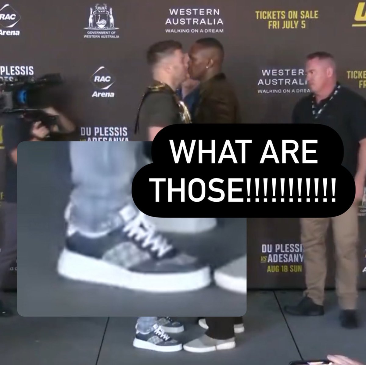FightBrosNZ's tweet photo. Someone wanting to look taller ? 
#UFCPerth #UFC305 https://t.co/IbEcSVD0s2
