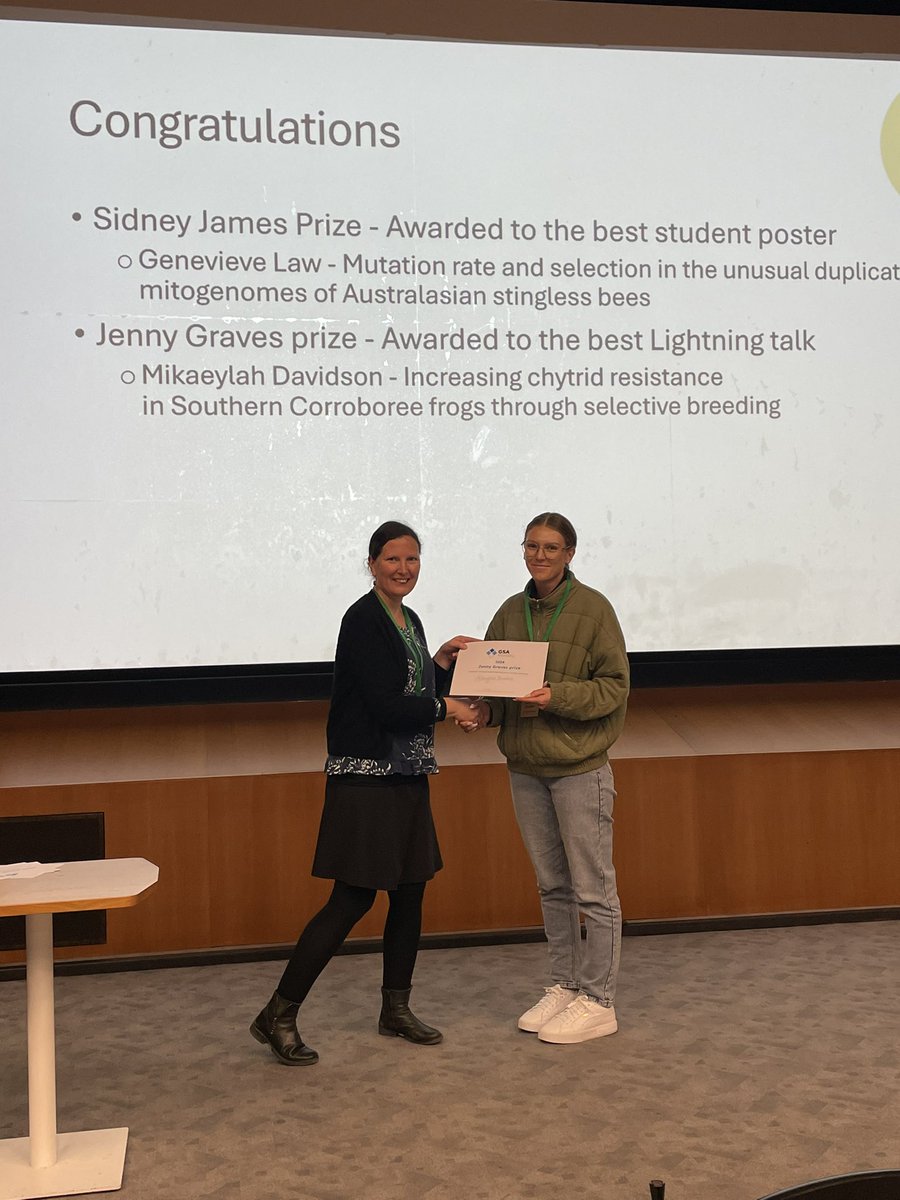 GeneticsAus's tweet photo. Congratulations to the winners of our #GSA2024 student prizes! The Jenny Graves prize for the best lightning talk to Mikaeylah Davidson from the University of Melbourne! 🐸 https://t.co/SDDsIZWFEA