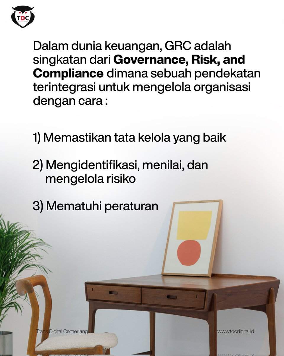 tdcdigital_id's tweet photo. Otoritas Jasa Keuangan (OJK) di Indonesia mendorong penerapan GRC yang terintegrasi di sektor jasa keuangan.
#ojk #ojkindonesia #GRC #grc #governence #governenceriskcompliance #risk #compliance #compliancedigital #compliancesolutions #compliancemanagement https://t.co/dCH8kJJiWF