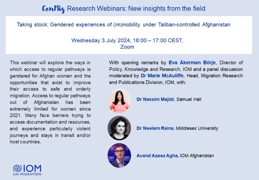 Happening today!

Join us at 16:00-17:00 CEST for a GenMig Research Webinar on access to regular migration pathways for Afghan women and the opportunities that exist to improve their access to safe and orderly migration.   
  
Register here: bit.ly/3L33T4h
