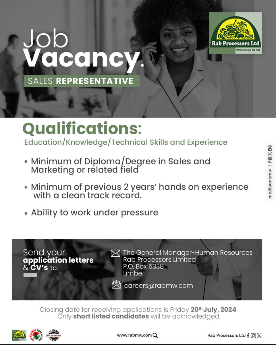 LtdRab's tweet photo. We’re Hiring!
Inviting all eligible candidates to apply for the position of SALES REPRESENTATIVE
More information on the poster below!
#rabprocessors #malawi #wearehiring #mediaonemw #rabgroup https://t.co/QcxeysFRuE