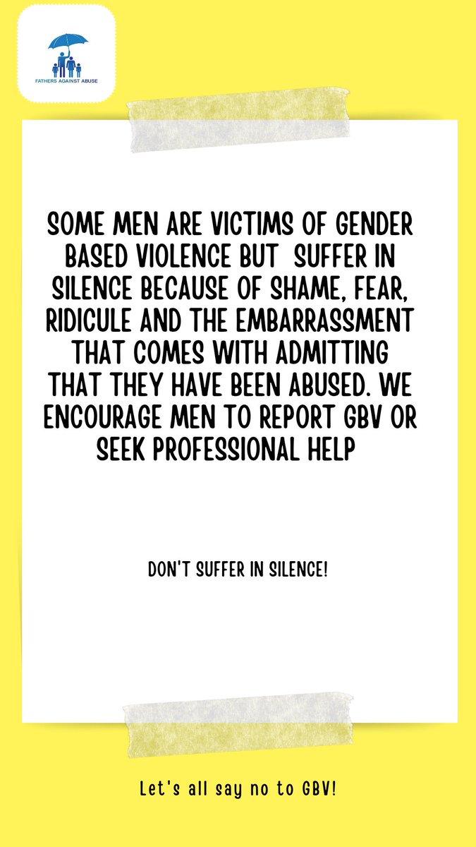 Fathers Against Abuse (@faa_zim) on Twitter photo Some men find it difficult to report GBV due to fear of being labelled. We encourage men to report or seek professional help when they are being abused!
<a href="/AWET_Apostolic/">AWET</a> <a href="/ChisungoTrust/">Chisungo Trust</a> <a href="/DeafZimTrust/">Deaf Zimbabwe Trust</a> <a href="/DeafZimTrust/">Deaf Zimbabwe Trust</a> Some men find it difficult to report GBV due to fear of being labelled. We encourage men to report or seek professional help when they are being abused!
<a href="/AWET_Apostolic/">AWET</a> <a href="/ChisungoTrust/">Chisungo Trust</a> <a href="/DeafZimTrust/">Deaf Zimbabwe Trust</a> <a href="/DeafZimTrust/">Deaf Zimbabwe Trust</a>