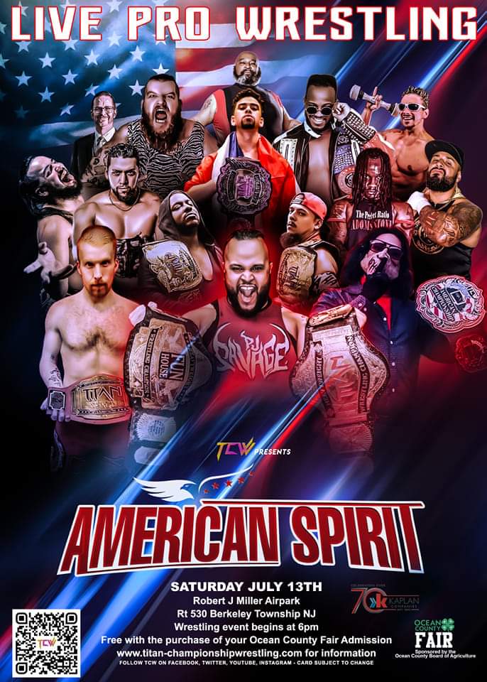 Join us on July 12th and 13th for two 🔥 nights of #ProWrestling! Both events are free with admission to the Ocean County Fair. Experience TCW firsthand and discover the excitement.
Night 1: Chosen Pro Wrestling Presents Mayhem on the Midway
Night 2: TCW Presents American Spirit