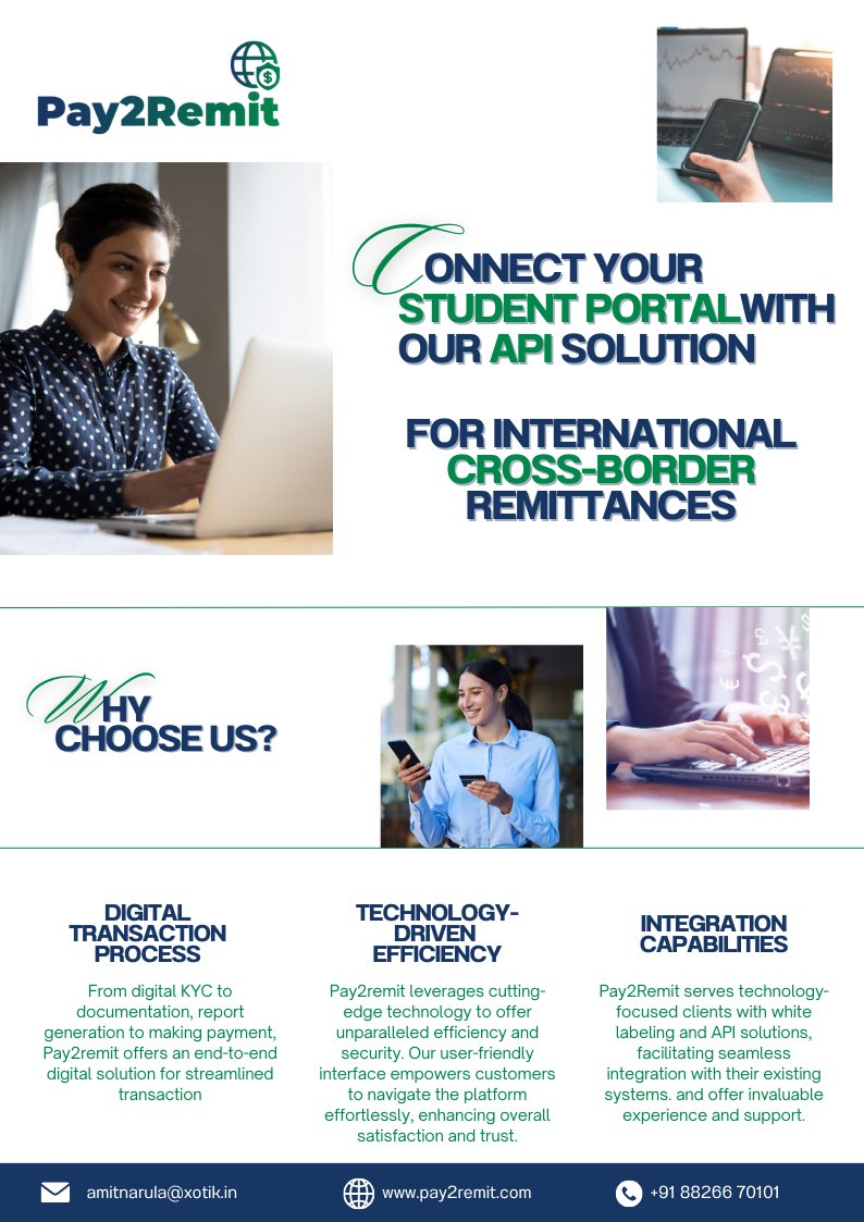 Pay2Remit's tweet image. Discover how Pay2Remit’s API solution can seamlessly integrate with your student portal, offering a complete digital solution for international cross-border remittances. 

Contact amitnarula@xotik.in or visit pay2remit.com to learn more.

#Pay2Remit #APISolution