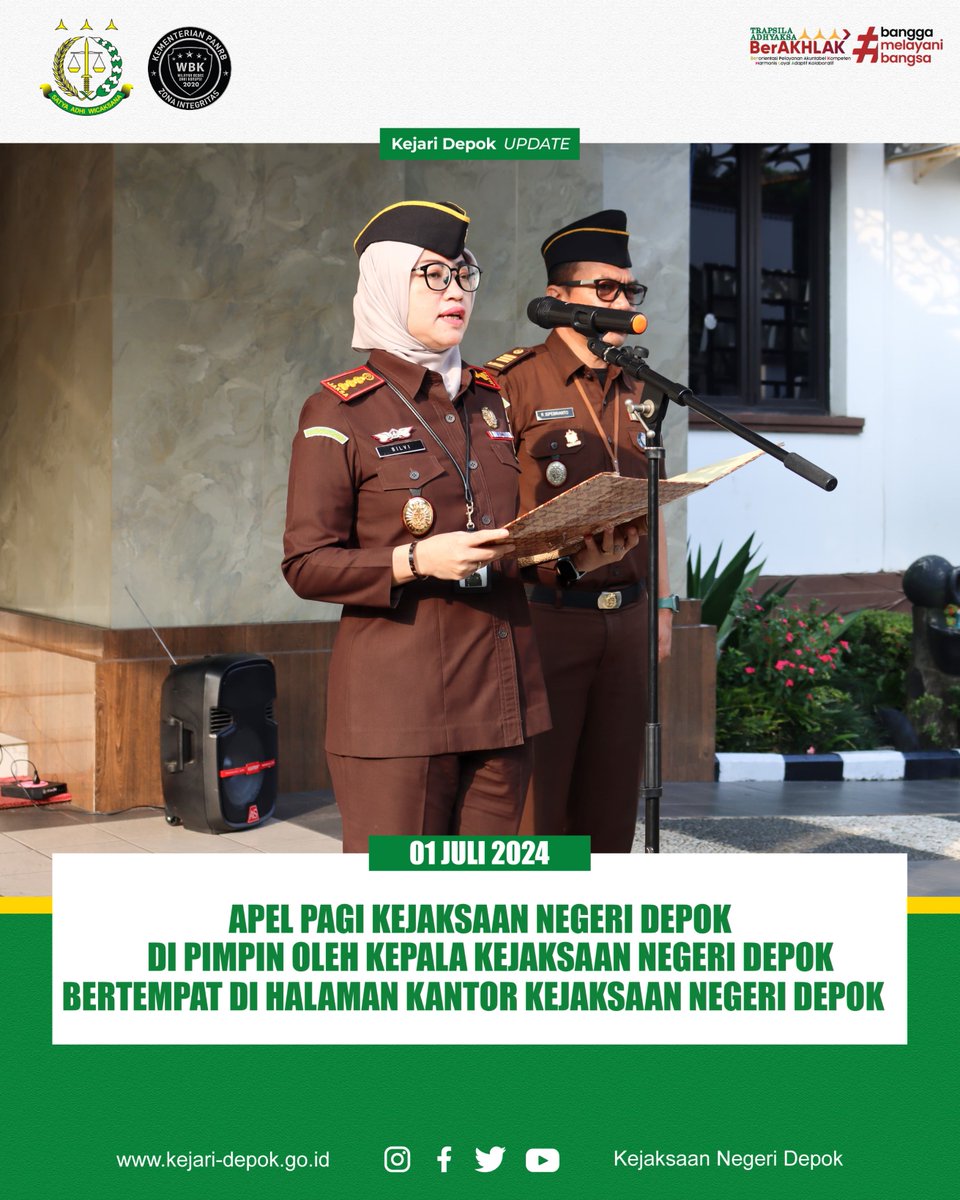 Kejaridepok's tweet photo. Kejaksaan Negeri Depok melaksanakan kegiatan Apel Pagi pada hari Senin (01/07/2024) di Halaman Kantor Kejaksaan Negeri Depok, Pelaksanaan Apel diikuti oleh Kasubagbin, Para Kepala Seksi serta seluruh pegawai Kejaksaan Negeri Depok, serta bertindak sebagai https://t.co/NeXP0H13ny
