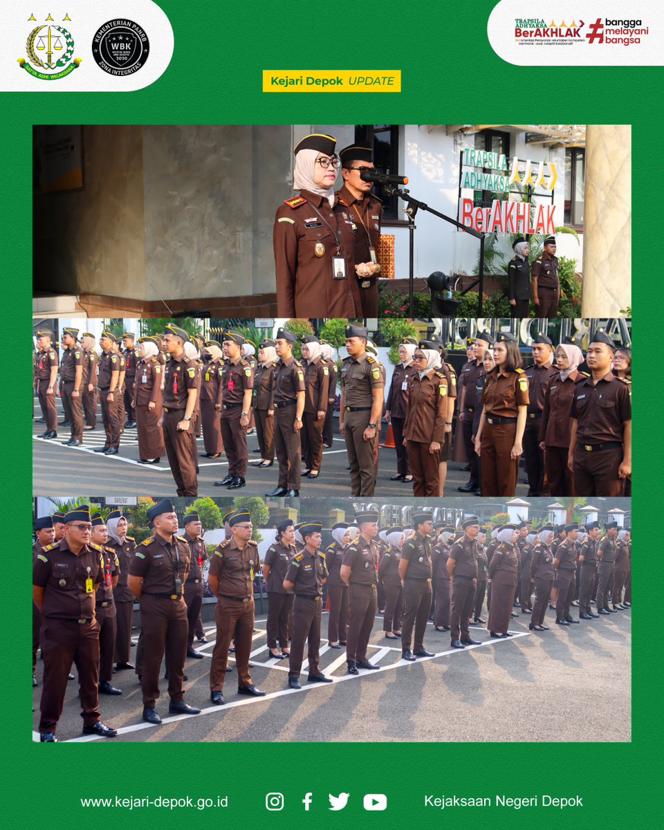 Kejaridepok's tweet photo. Kejaksaan Negeri Depok melaksanakan kegiatan Apel Pagi pada hari Senin (01/07/2024) di Halaman Kantor Kejaksaan Negeri Depok, Pelaksanaan Apel diikuti oleh Kasubagbin, Para Kepala Seksi serta seluruh pegawai Kejaksaan Negeri Depok, serta bertindak sebagai https://t.co/NeXP0H13ny