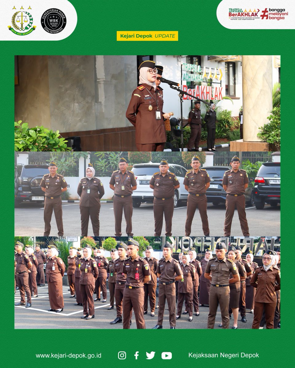 Kejaridepok's tweet photo. pembina Apel Kepala Kejaksaan Negeri Depok, Silvia Desty Rosalina, S.H., M.H. serta bertindak sebagai Komandan Apel adalah Jaksa Fungsional Seksi Tindak Pidana Khusus, Pradipta Prihantono, S.H. https://t.co/z8U7VyIIhu