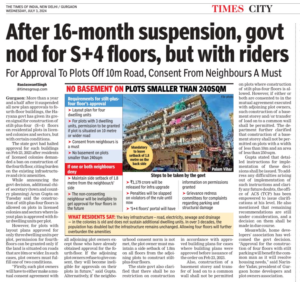 RaoJSinghTOI's tweet image. After 16-month suspension, govt nod for S+4 floors, but with riders
For Approval To Plots Off 10m Road, Consent From Neighbours A Must @DiprHaryana @DC_Gurugram @dtcphry #builderfloor #Infrastructure #gurgaon #delhincr #housing #stiltplusfour #fourthfloor
