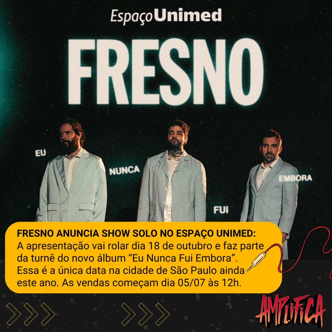 CanalAmplifica's tweet photo. Cadê os emo véio? A banda Fresno vai tocar pela primeira vez no @espacounimed e esse vai ser o único show na cidade de São Paulo, ainda este ano
.
#canalamplifica #flowpodcast #flow #fresno #fresnorock #musica #musico #musicaboa #shows #espacounimed #enfe #emo #emocore #emogirl https://t.co/UquUNKhroo