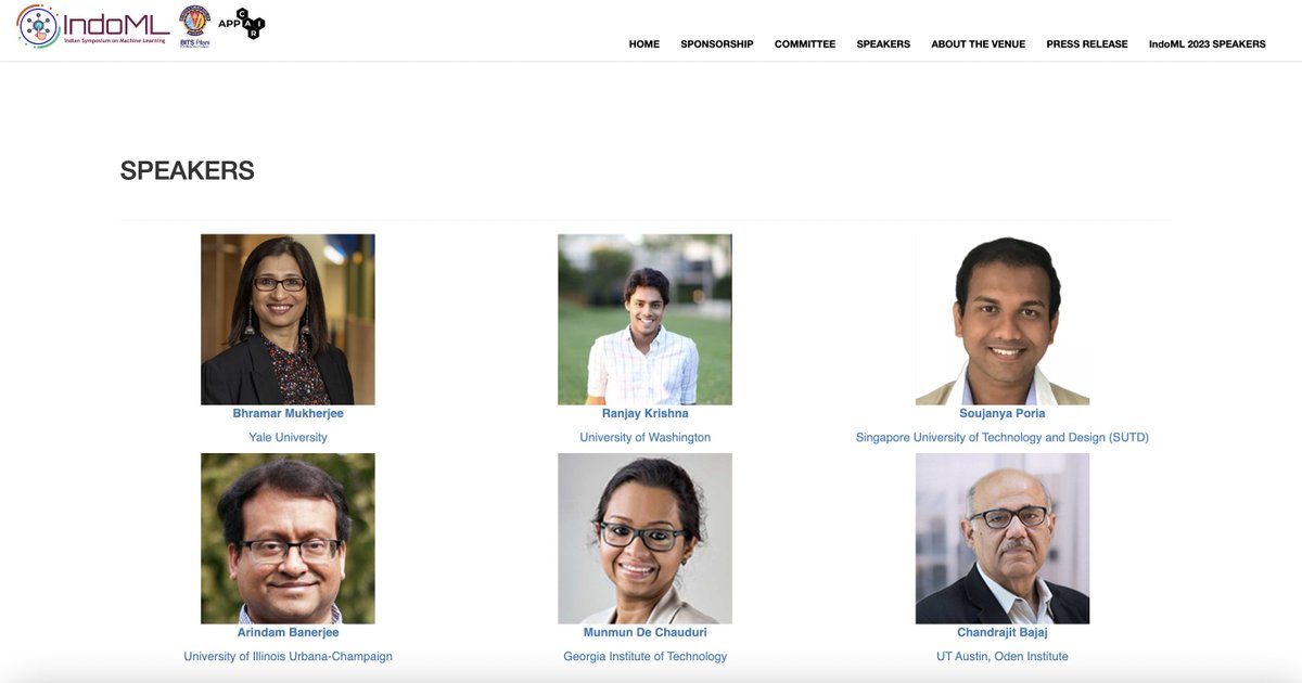 #indoml2024 gearing up with a stellar set of speakers (indoml.in)
<a href="/BhramarBioStat/">Bhramar Mukherjee</a> <a href="/RanjayKrishna/">Ranjay Krishna</a> Chandrajit Bajaj <a href="/soujanyaporia/">Soujanya Poria</a> <a href="/munmun10/">Munmun De Choudhury, PhD</a> Arindam Banerjee ... stay tuned for more updates ...