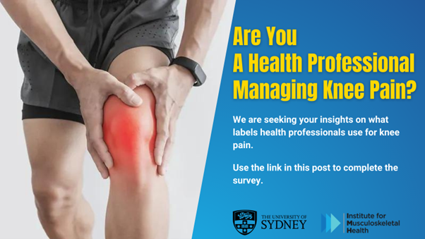 TheRunPhysio's tweet photo. Are you a health professional managing knee pain? 

Researchers at @Sydney_Uni seek your input on what labels health professionals use for knee pain.

Click the survey link below (<15 mins):
https://t.co/rcWKIGVIJT

#healthprofessionals #KneePain https://t.co/MuEdPsoun0