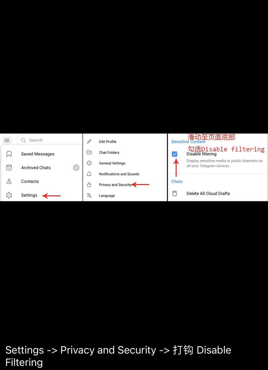 https://t.co/WjYvYFzA5x
咱电报群没有封。苹果手机看不到信息的话，客户端被限制看色情频道与群组 用手机解决方法：
1⃣️登陆Telegram web网页版： https://t.co/kLy5YMJ63X
2⃣️点击「Settings/设置」
3⃣️点击「Privacy and Security/隐私及安全」
4⃣️打开「Disable filtering/停止过滤」选项
5⃣️重启客户端即可。
Solution when you are restricted to viewing porn channels and groups on client:
1⃣️log in Telegram on web link： https://t.co/kLy5YMJ63X
2⃣️click「Settings」
click「Privacy and Security」
3⃣️turn on「Disable filtering」
4⃣️restart client