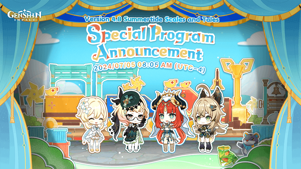 GenshinImpact's tweet image. Version 4.8 Special Program Preview
#GenshinImpact #GenshinSpecialProgram

Dear Traveler, it's announcement time!

The special program for Genshin Impact's new version will premiere on the official Twitch and YouTube channels on 07/05/2024 at 08:05 AM (UTC-4)! This special…