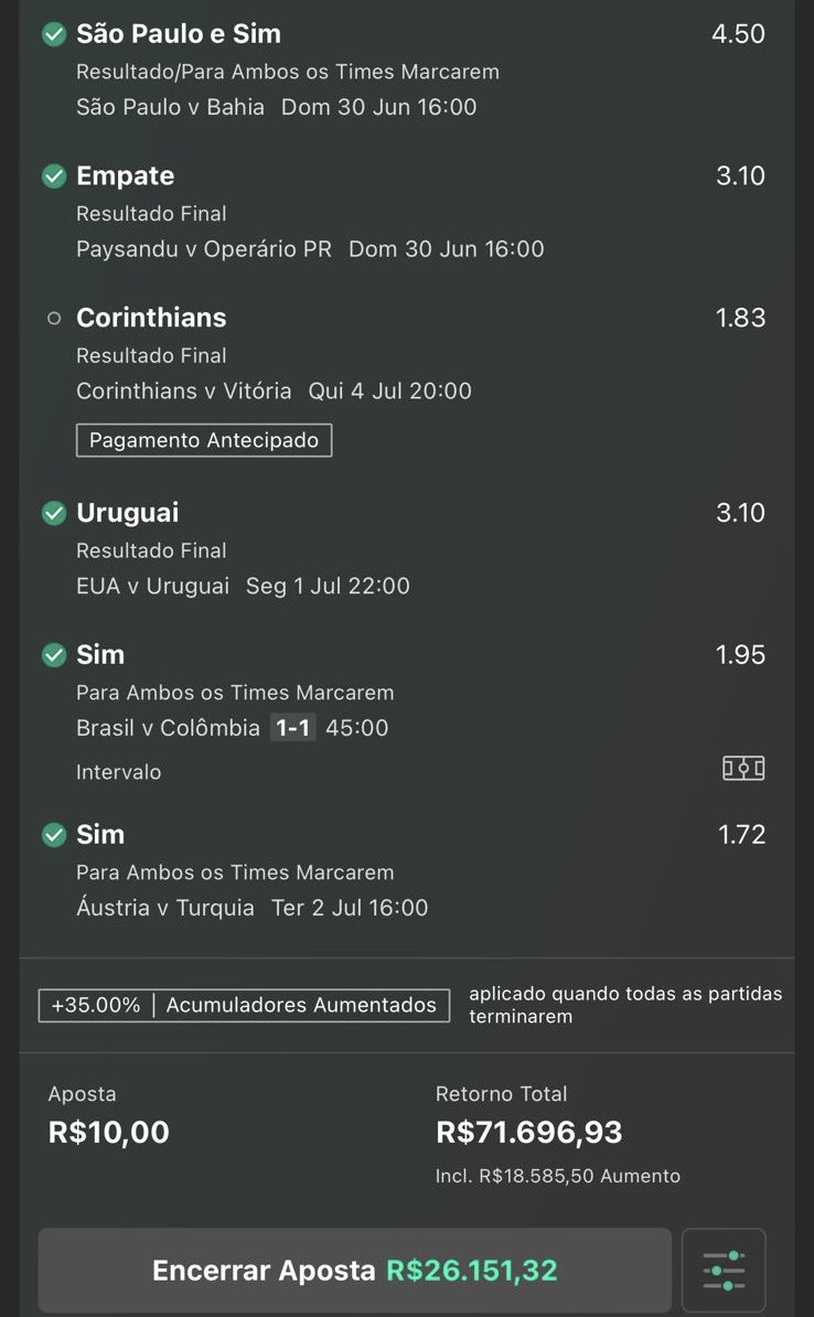 Parceiro meu só depende do Corinthians pra pegar 70 mil tendo apostado apenas 10 reais. 

O que vocês fariam?