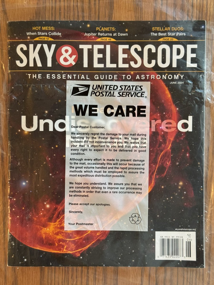 kenjones's tweet photo. After missing in the USPS system for over a month, my June Sky &amp; Telescope magazine was finally delivered yesterday in clear packaging along with an explanation. (The July and August issues had already arrived in my mailbox.) Delivery happens! https://t.co/zy4rxP5nmt
