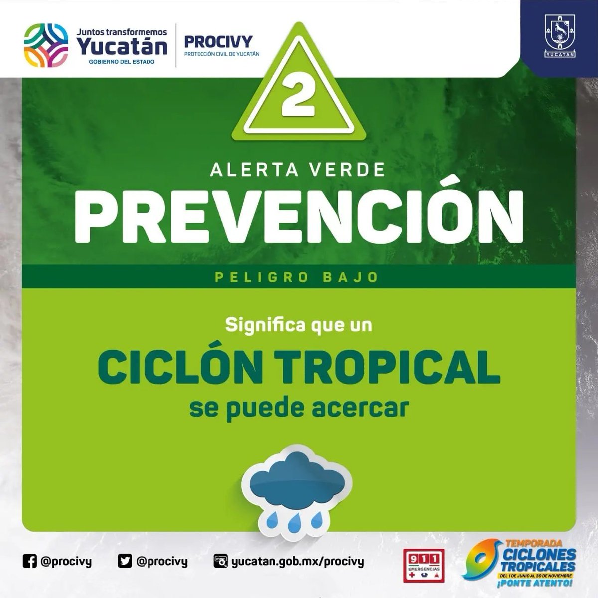 procivy's tweet image. #AlertaVerde 🟢 para el Estado de #Yucatán

¿Ya sabes qué hacer ANTES de la cercanía de un #CiclónTropical?

1.-Revisa el estado de puertas, ventanas y techos. 
2.-Ten a la mano un radio, lámpara, baterías de reserva y botiquín de primeros auxilios... (1/3)