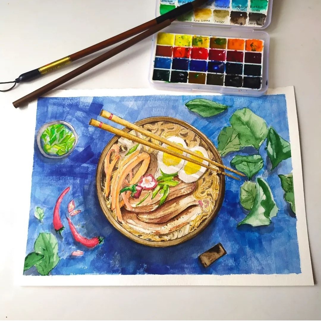 Magiccigam888's tweet image. Beauty of culinary art with this vibrant watercolor painting of a ramen bowl. Perfect for adding a touch of gourmet charm to your kitchen or dining area. This unique piece brings warmth and character to any space. 
#daoart #WatercolorArt #Ramen #FoodArt #HomeDecor #ArtForSale
