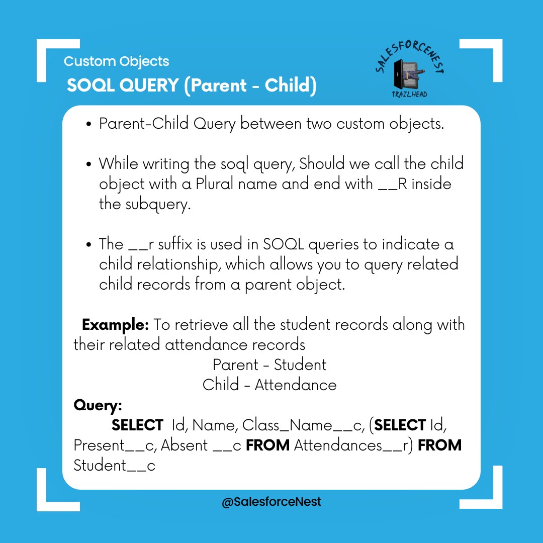shivayadav2322's tweet image. Exploring parent-to-child relationships in Salesforce using custom objects! 🚀
Check out this SOQL query to retrieve students and their attendance records in one go.
#SalesforceNest #SOQL #CustomObjects #DataQuery #TechTips #Salesforce